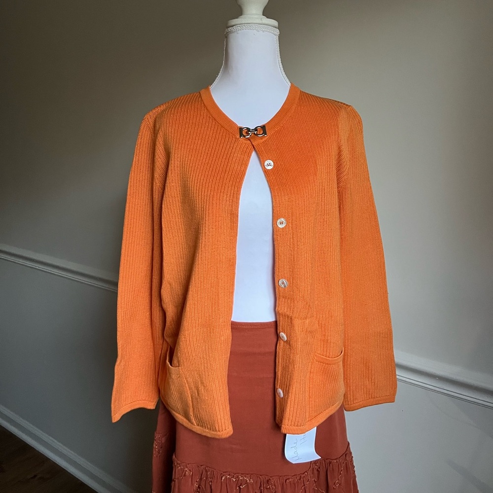 Salvatore Ferragamo Wool Sweater | Orange Gancini Clasp, Mother of Pearl Buttons